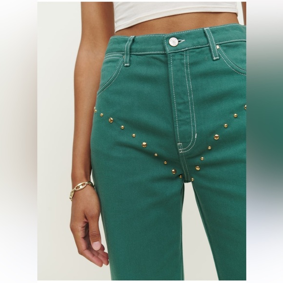 Reformation Cowboy Studded Hi-Rise Straight/Wide Leg Green Jeans, Size 29 - Picture 2 of 11